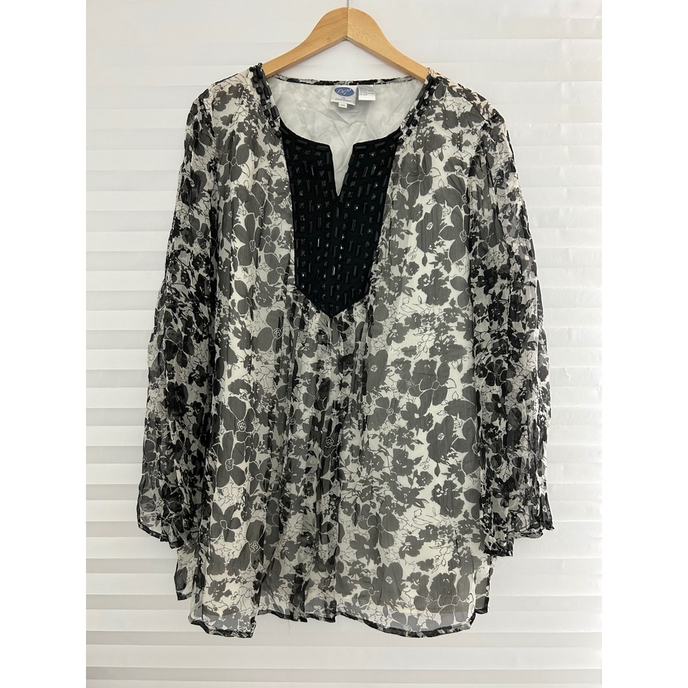 DG2 by Diane Gilman Black White Floral 100% Silk Beaded Blouse Tunic Plus 2X